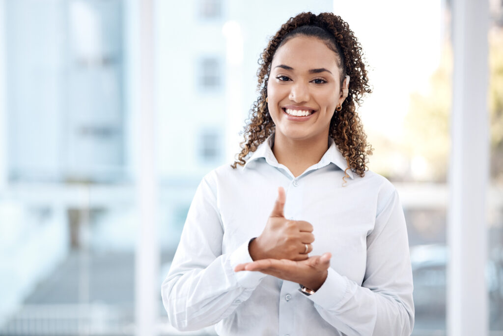 Help, black woman portrait and sign language with deaf person thumbs up hand. Face of model with hearing disability, symbol and communication for support, charity and assistance with mockup space.