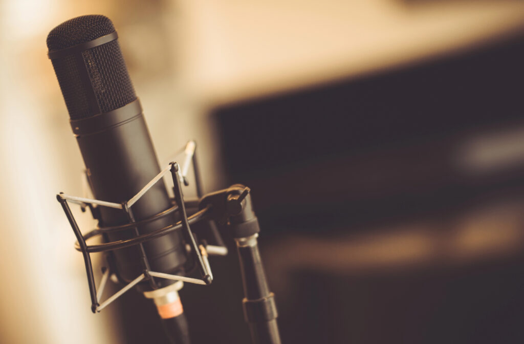 A microphone set up to record an interview for transcription