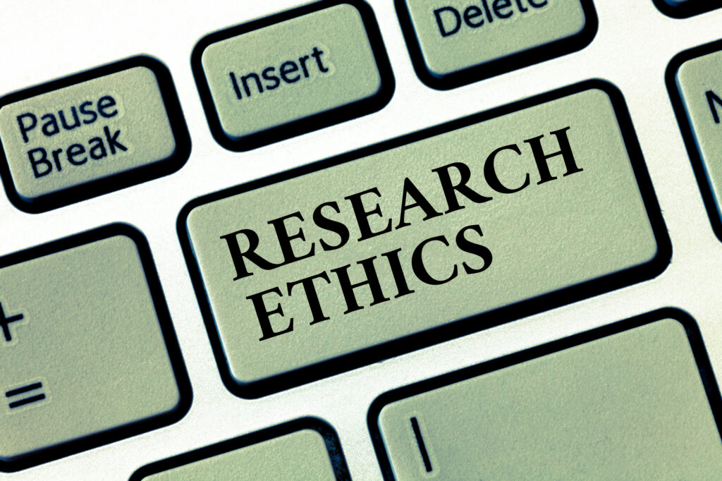 Handwriting text Research Ethics. Concept meaning interested in the analysis of ethical issues that raised .